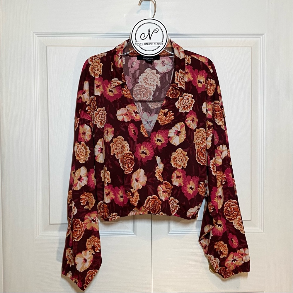 FOREVER 21 Women’s Oversized Floral Crop Top Long Sleeve Burgundy/Brown Size S